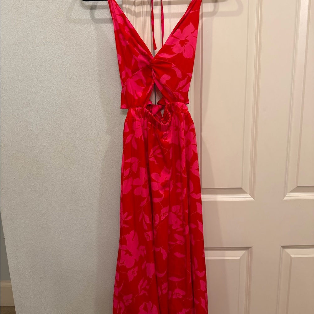 Red and Pink Floral Cutout Maxi Dress